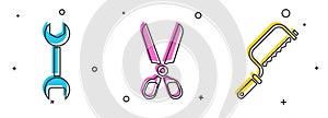 Set Wrench spanner, Scissors and Hacksaw icon. Vector