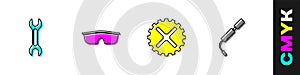 Set Wrench spanner, Sport cycling sunglasses, Bicycle sprocket crank and air pump icon. Vector