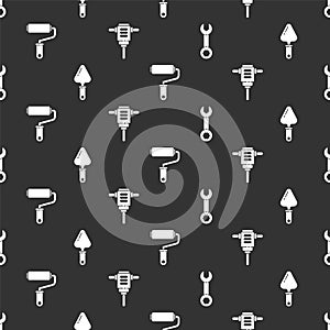 Set Wrench spanner, Trowel, Paint roller brush and Electric rotary hammer drill on seamless pattern. Vector