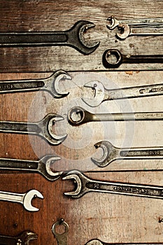 Set of wrenches hanging on a wall,