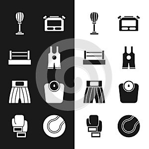 Set Wrestling singlet, Boxing ring, Punching bag, Stopwatch, short, Bathroom scales, Tennis ball and glove icon. Vector