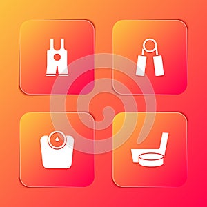 Set Wrestling singlet, Sport expander, Bathroom scales and Ice hockey stick puck icon. Vector