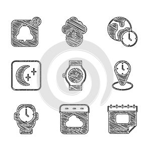 Set Wrist watch, Calendar autumn, Time zone clocks, Clock, Moon and stars, World time and Alarm app mobile icon. Vector