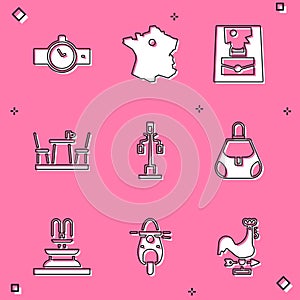 Set Wrist watch, Map of France, Handbag, French cafe, Street light, Fountain and Scooter icon. Vector