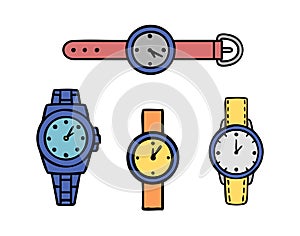 Set of wristwatches, hand drawn doodle