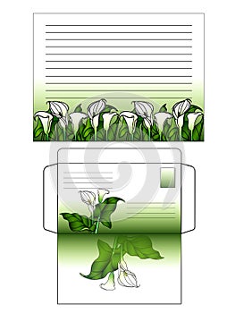 A set for writing a letter. Decorated with flowers horizontal sheet of paper and envelope. Green gradient and calla lilies. Templa