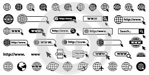 Set of www, globe and search bar elements. Globe with cursor icons, browser bar, WWW, mouse cursir, search. Vector illustration