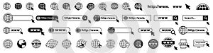 Set of www, globe and search bar elements. Globe with cursor icons, browser bar, WWW, mouse cursir, search. Vector illustration