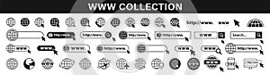 Set of www, globe and search bar elements. Globe with cursor icons, browser bar, WWW, mouse cursir, search. Vector illustration