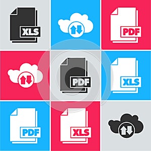 Set XLS file document, Cloud download and upload and PDF file document icon. Vector