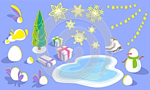 Set of xmas elements for concept design, illustrations, in isometric view. winter holiday objects in flat, christmas