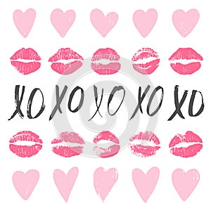 Set of XOXO phrase, lip imprints, hearts