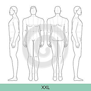 Set of XXL Size Men Fashion template 9 nine head size with main line Croquis extra large plus size figure front, side photo