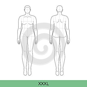 Set of XXXL Women Fashion template 9 nine head size Croquis over size Lady model Curvy body figure front, back view. photo