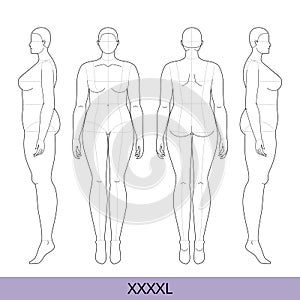 Set of XXXXL Women Fashion template 9 nine head size Croquis over plus size Lady model Curvy body figure front side back photo