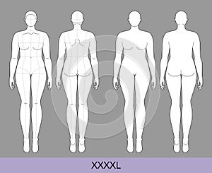 Set of XXXXL Women Fashion template 9 nine head size Croquis plus size with and without main lines Lady model Curvy body photo