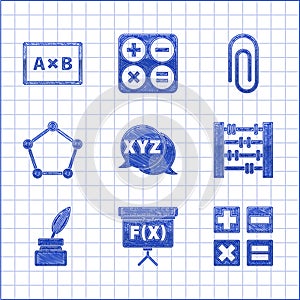 Set XYZ Coordinate system, Chalkboard, Calculator, Abacus, Feather and inkwell, Geometric figure Pentagonal prism, Paper