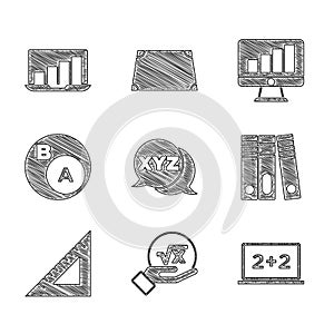 Set XYZ Coordinate system, Square root of x glyph, Chalkboard, Office folders, Triangular ruler, Subsets, math, is