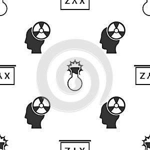 Set XYZ Coordinate system, Test tube and flask and Head and radiation symbol on seamless pattern. Vector photo