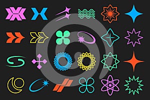 Set of Y2K symbols in retrofuturism style, design elements for logo templates in minimalist style. Retro brutalism elements photo