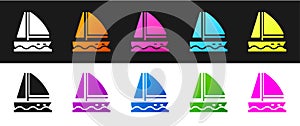 Set Yacht sailboat or sailing ship icon isolated on black and white background. Sail boat marine cruise travel. Vector