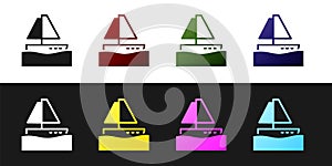 Set Yacht sailboat or sailing ship icon isolated on black and white background. Sail boat marine cruise travel. Vector