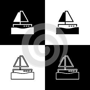 Set Yacht sailboat or sailing ship icon isolated on black and white background. Sail boat marine cruise travel. Vector