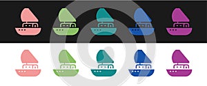 Set Yacht sailboat or sailing ship icon isolated on black and white background. Sail boat marine cruise travel. Vector