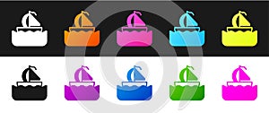 Set Yacht sailboat or sailing ship icon isolated on black and white background. Sail boat marine cruise travel. Vector