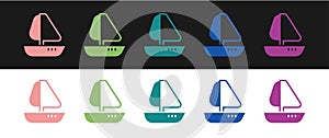 Set Yacht sailboat or sailing ship icon isolated on black and white background. Sail boat marine cruise travel. Vector