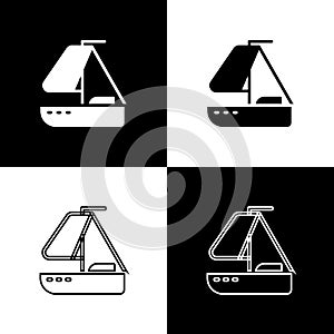 Set Yacht sailboat or sailing ship icon isolated on black and white background. Sail boat marine cruise travel. Vector