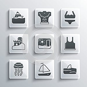 Set Yacht sailboat, Shark fin in ocean wave, Sleeveless T-shirt, Travel postcard, Jellyfish, Sand castle, Cruise ship