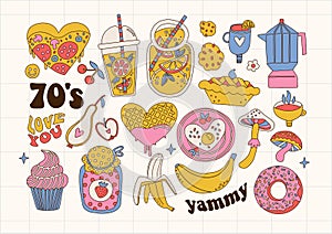 Set of yammy food and drinks in retro 70s groovy style . Colection of healthy and jank food. Sweet bevegares and cookies