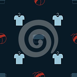 Set Yarn ball, Textile fabric roll and T-shirt on hanger on seamless pattern. Vector