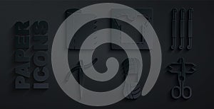 Set Yarn, Crochet hook, Needle with thread, Scissors, Sewing pattern and Textile fabric roll icon. Vector