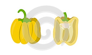 Set of yellow bell pepper whole and half cut. Isolated on white background. Flat cartoon style drawing.