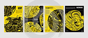 Set of yellow and black abstract marble circle poster cover design template.