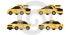 Set of yellow car taxi service online. Yellow taxi car front and back views, open trunk, mini van. Urban cab service