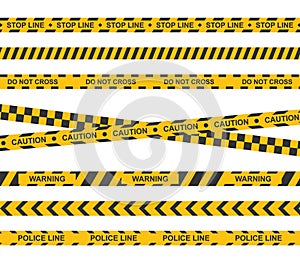 Set of yellow caution tape. Crime warning ribbons. Caution, warning, stop, police lines. Vector