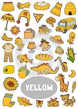 Set of yellow color objects. Visual dictionary for children about the basic colors