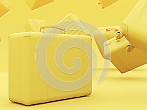 Set of yellow color suitcases mono colored concept copyspace. 3d render