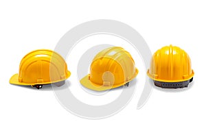 set of yellow deferential helmet construction tools for industrial safety isolated white background