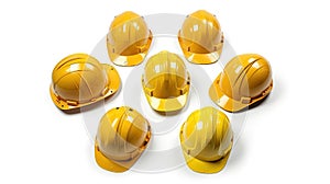 Set of Yellow deferential helmet, construction tools for industrial safety isolated on white background. Generative Ai