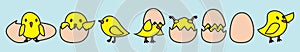 Set of yellow easter chicken. cartoon icon design template with various models. vector illustration isolated on blue background