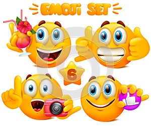 Set of yellow emoji cartoon characters with different facial expressions in glossy 3D realistic style isolated in white background