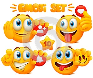 Set of yellow emoji cartoon characters with different facial expressions in glossy 3D realistic style isolated in white background