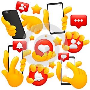 Set of yellow emoji hand icons and symbols. Smartphone, social media, swipe signs