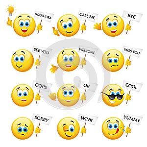 Set of Yellow emoticons and emojis. Vector illustration in realistic style