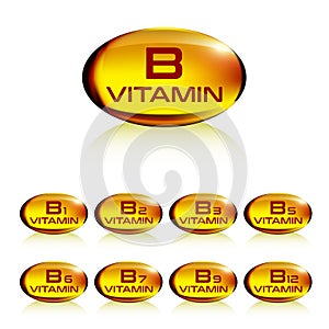 Set of yellow gelatin capsule vitamin b