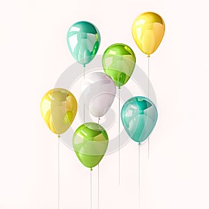 Set of yellow and green glossy balloons on the stick on grey background. 3D render for birthday, party, wedding banner.